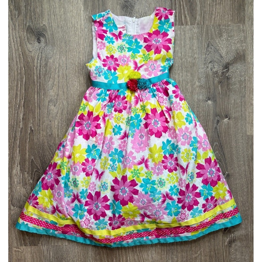 Nannette Girl Floral Sleeveless Party Dress Pink Yellow Blue Size 6 Rosette Sash - Picture 1 of 5